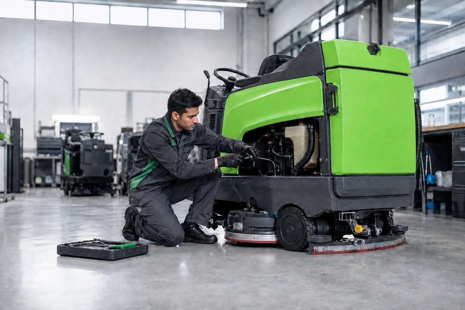 A Eurotecks engineer servicing a ride-on scrubber dryer in the workshop